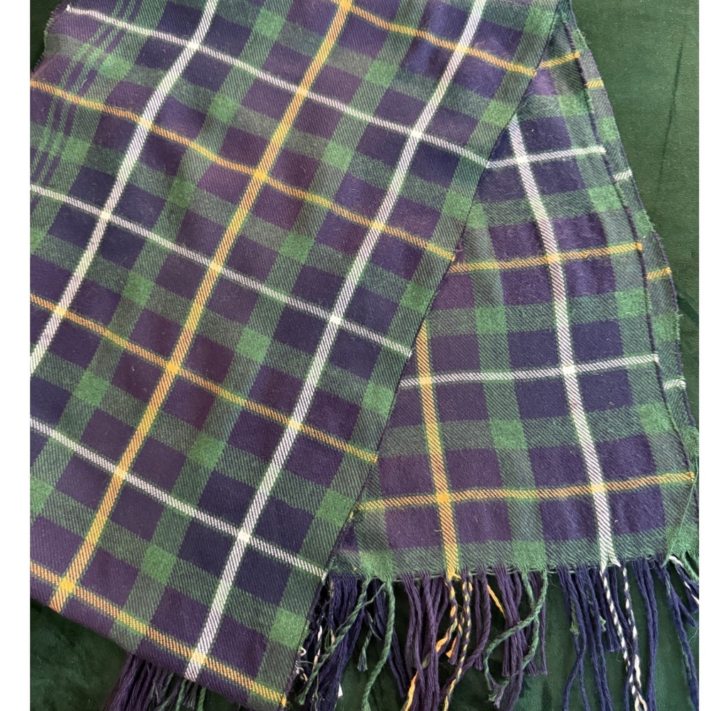 100% Cashmere Plaid Scarf Green Blue Yellow Fringe 12x66
